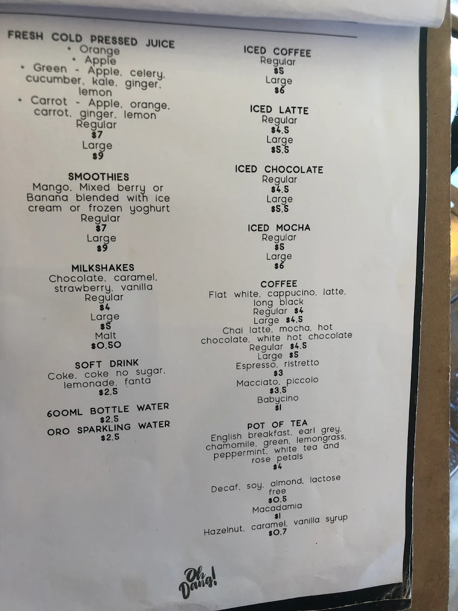 Menu, Oh Dang! Espresso