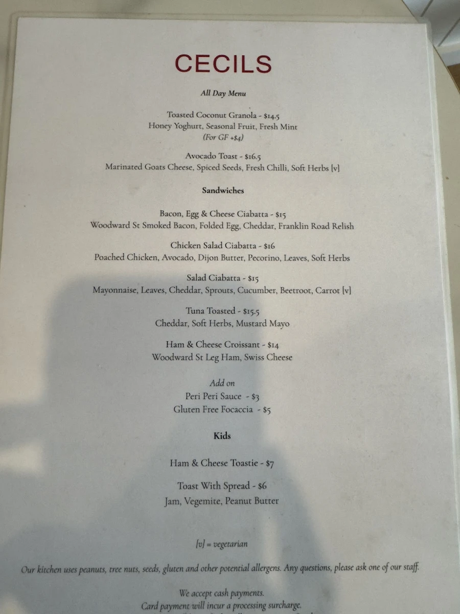 Menu, Cecils
