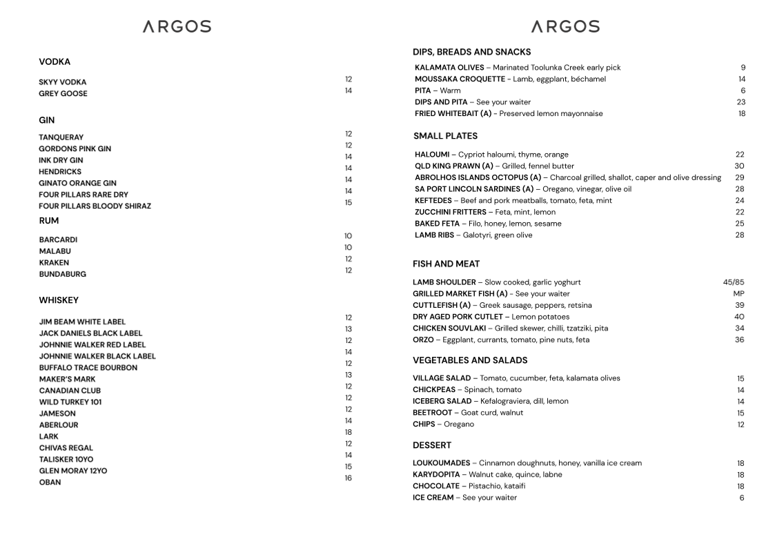 Menu, Argos