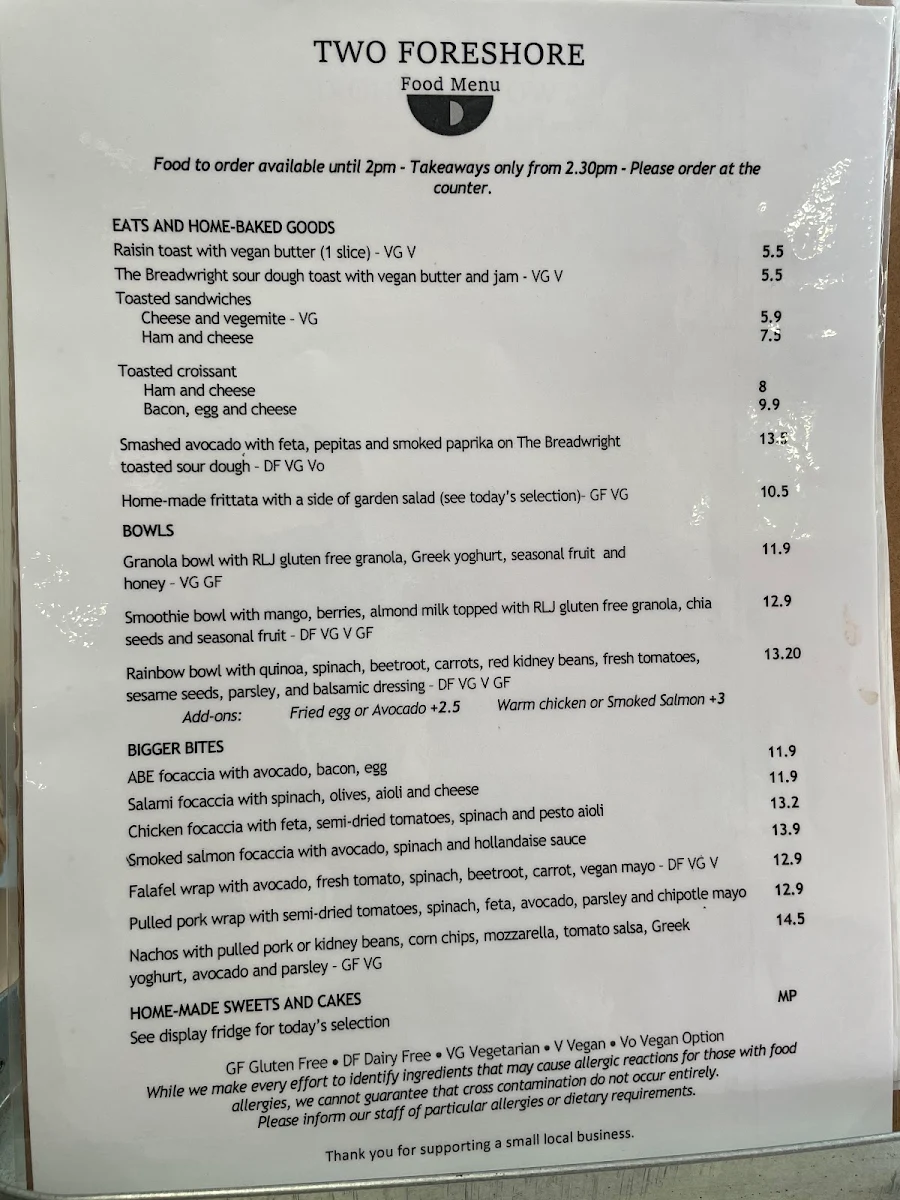 Menu, Two Foreshore