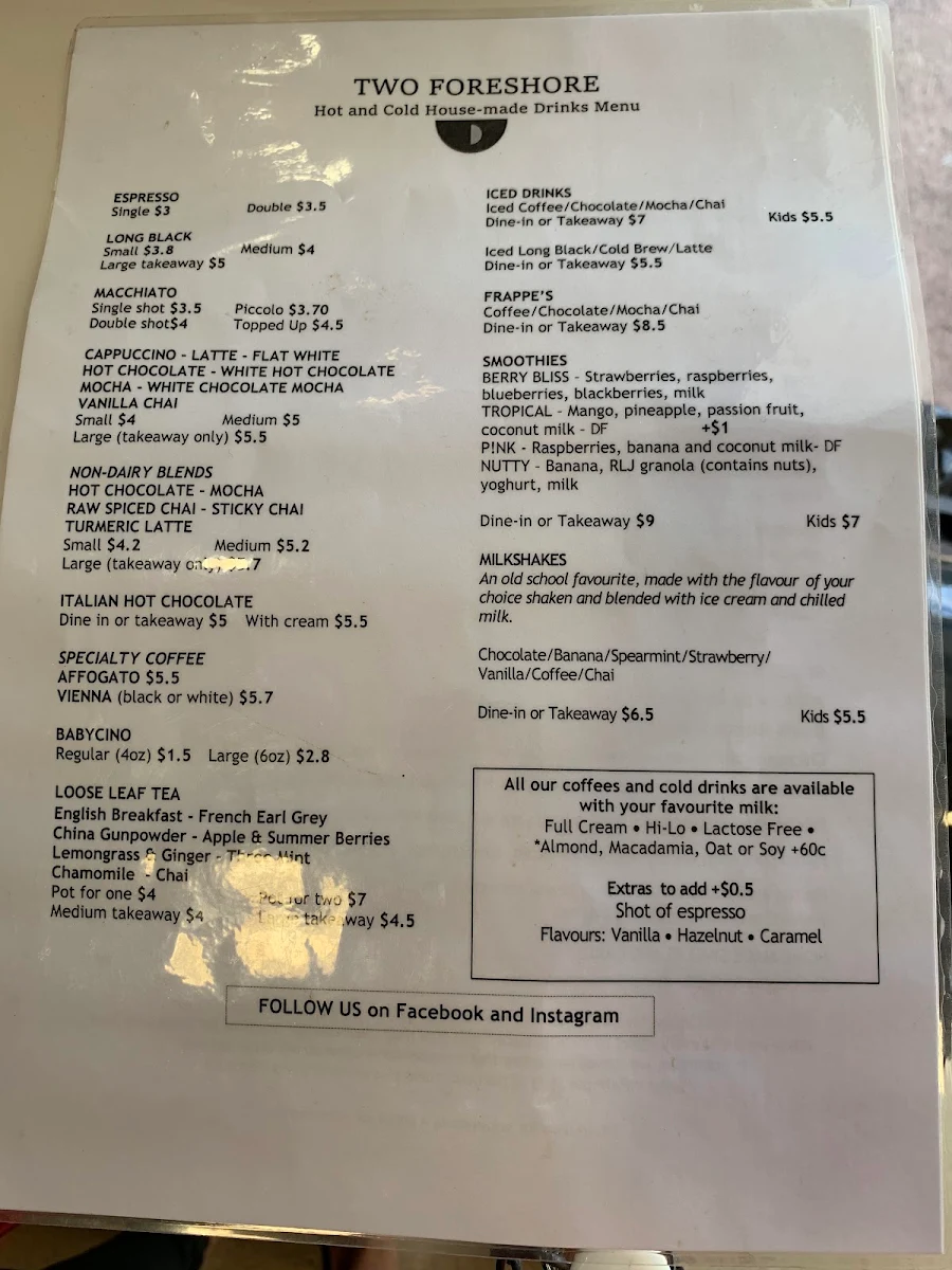 Menu, Two Foreshore
