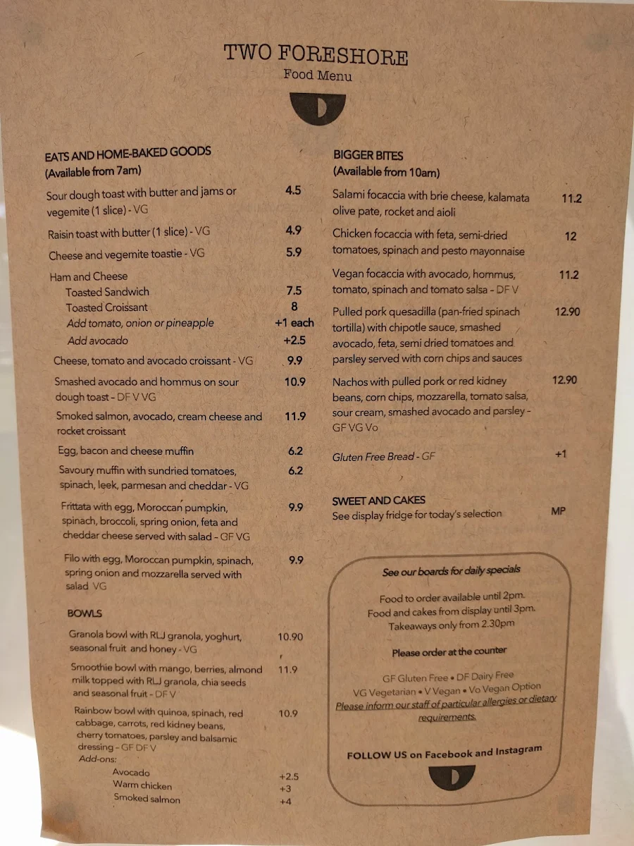 Menu, Two Foreshore