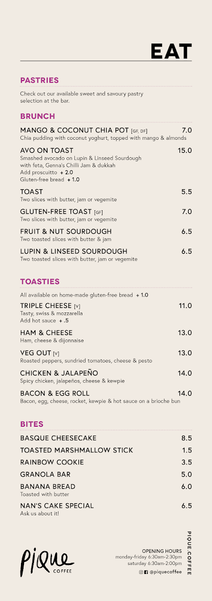 Menu, PIQUE Coffee