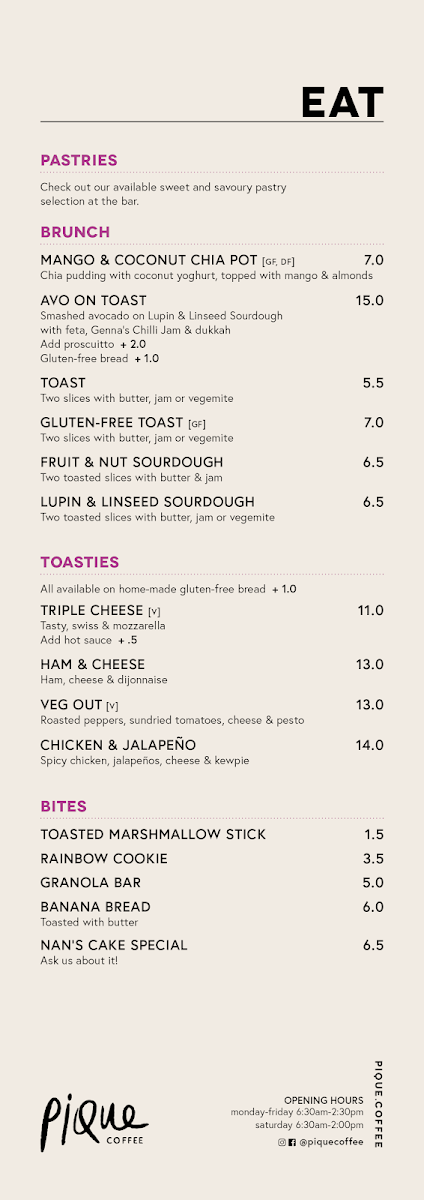 Menu, PIQUE Coffee