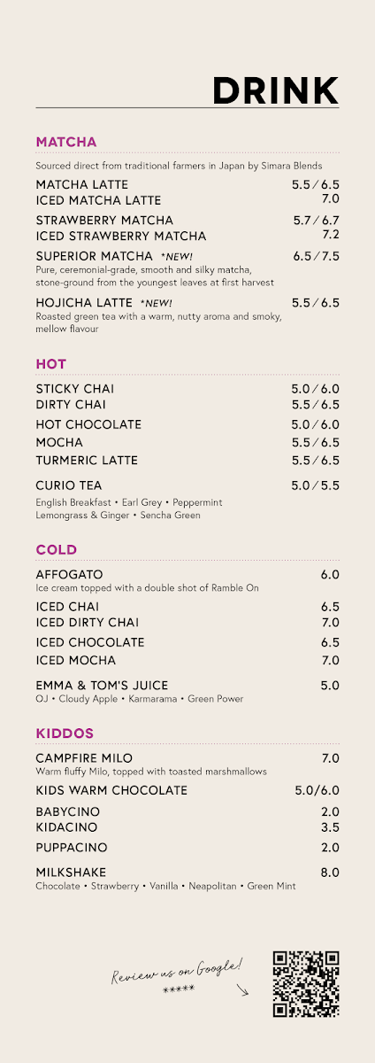 Menu, PIQUE Coffee