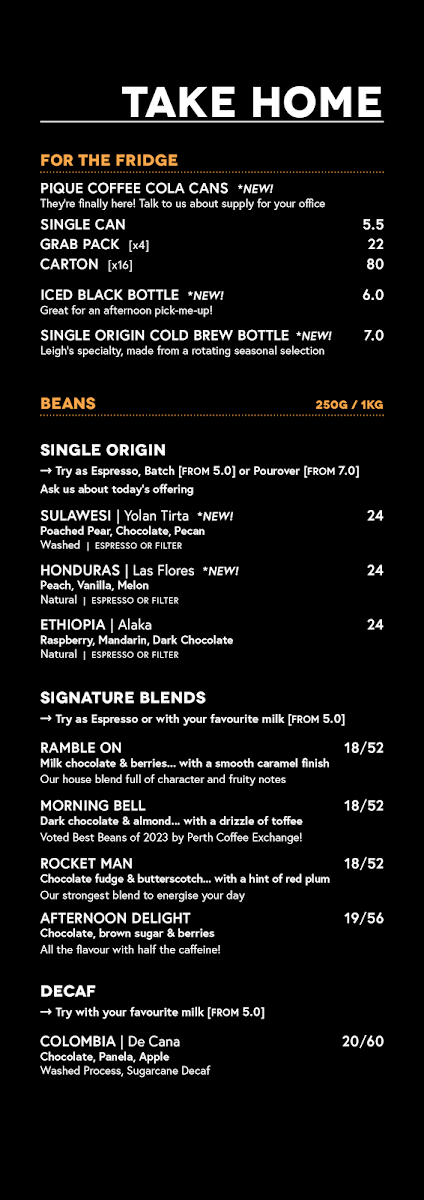 Menu, PIQUE Coffee