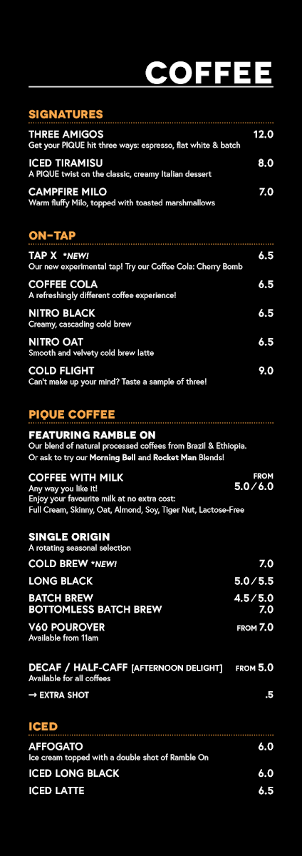Menu, PIQUE Coffee