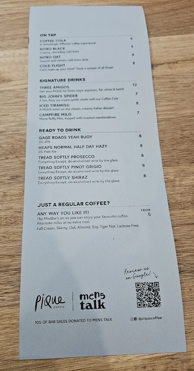 Menu, PIQUE Coffee