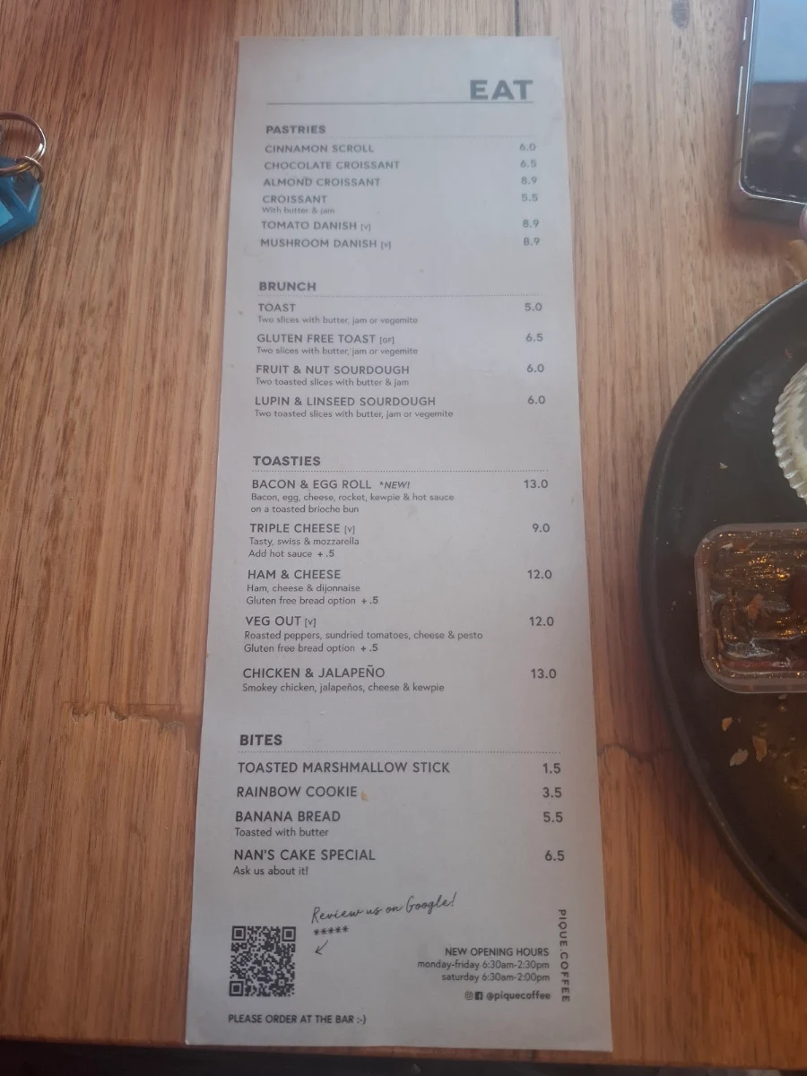 Menu, PIQUE Coffee