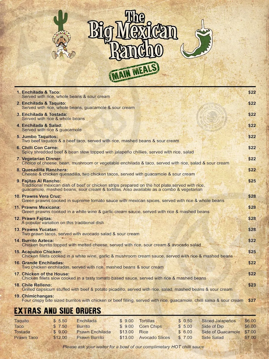 Menu, The Big Mexican Rancho