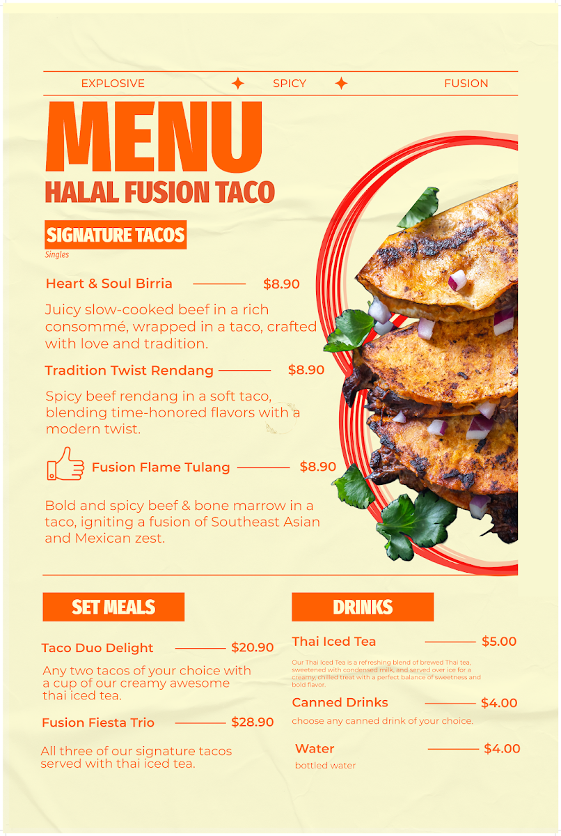 Menu, Halal Fusion Taco