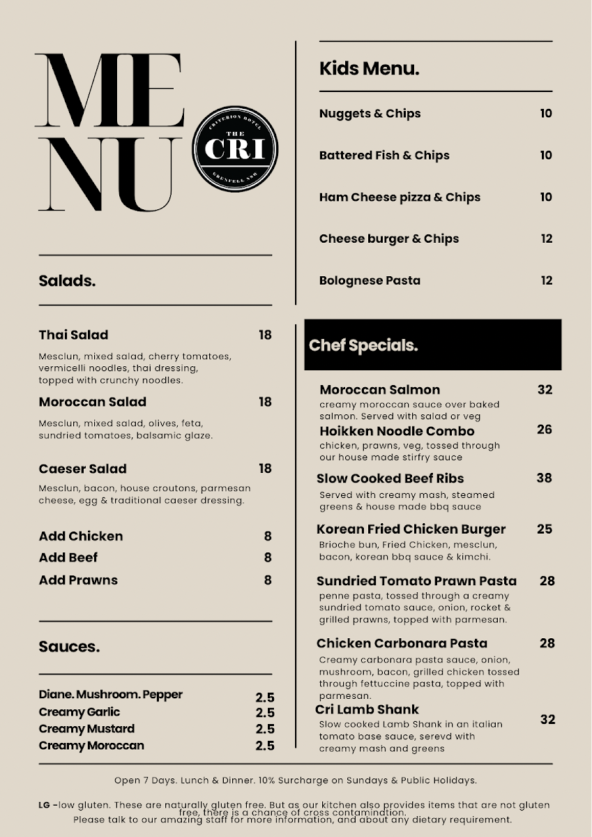 Menu, Criterion Hotel Grenfell