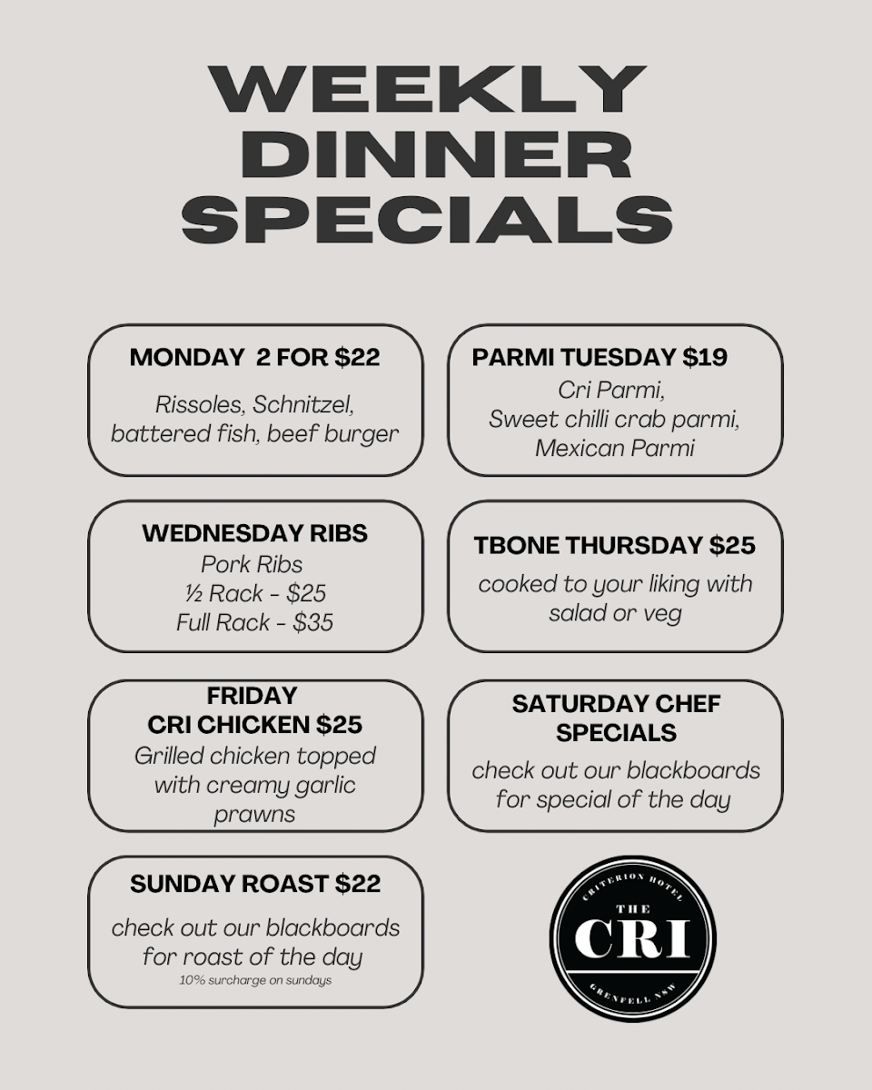 Menu, Criterion Hotel Grenfell