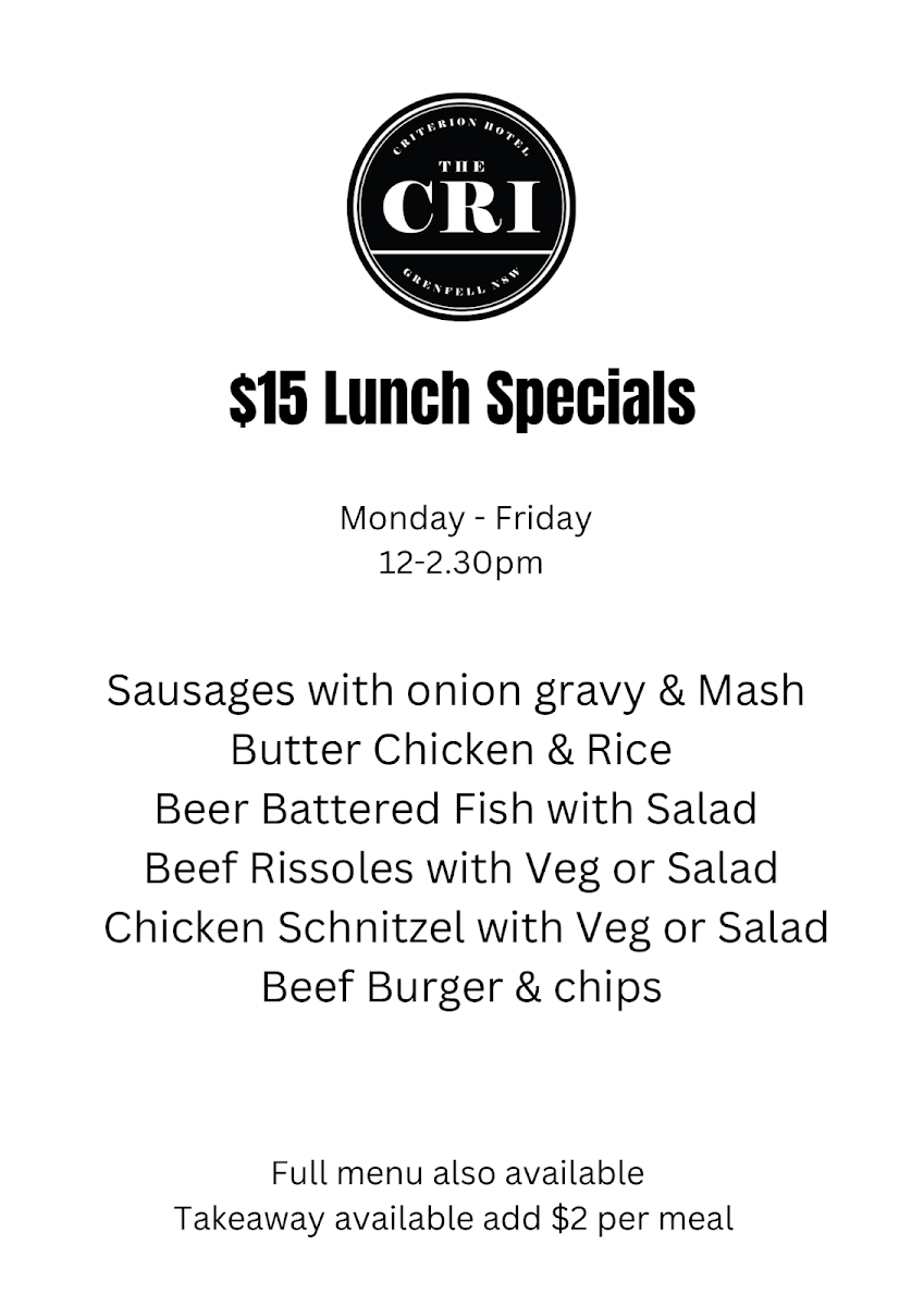 Menu, Criterion Hotel Grenfell