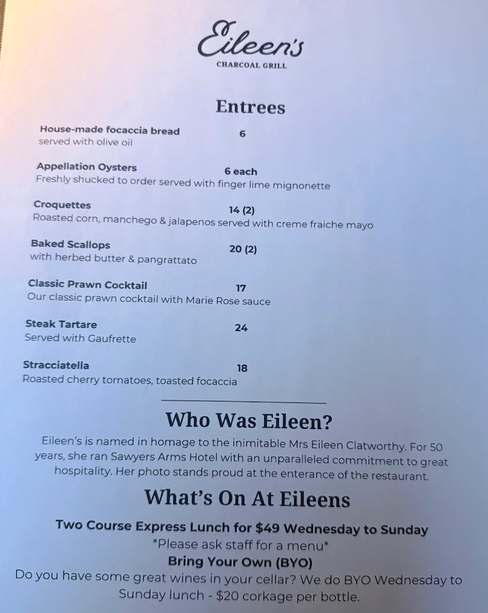 Menu, Eileen's Charcoal Grill