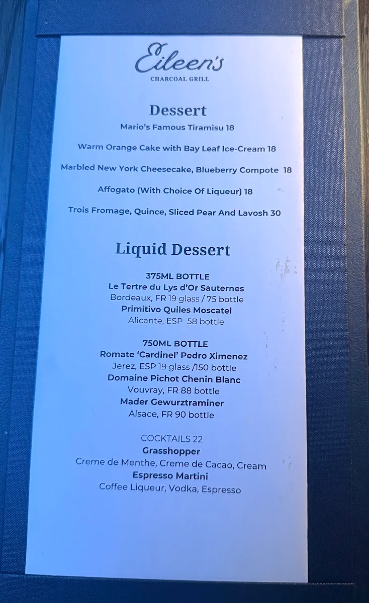 Menu, Eileen's Charcoal Grill