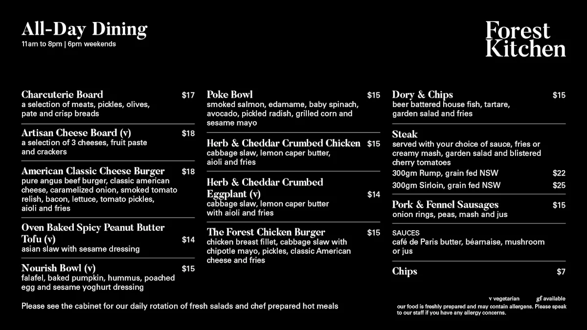 Menu, Forest Kitchen