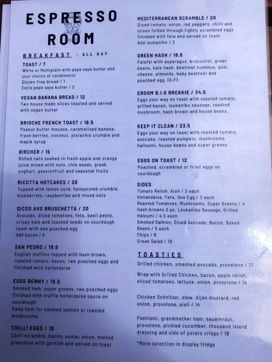 Menu, Espresso Room