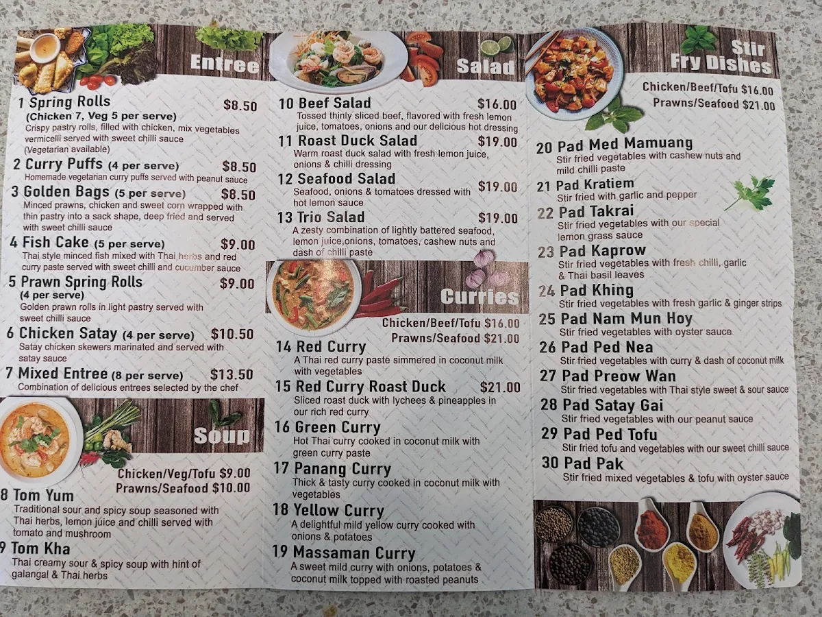 Menu, Drouin Thai Restaurant