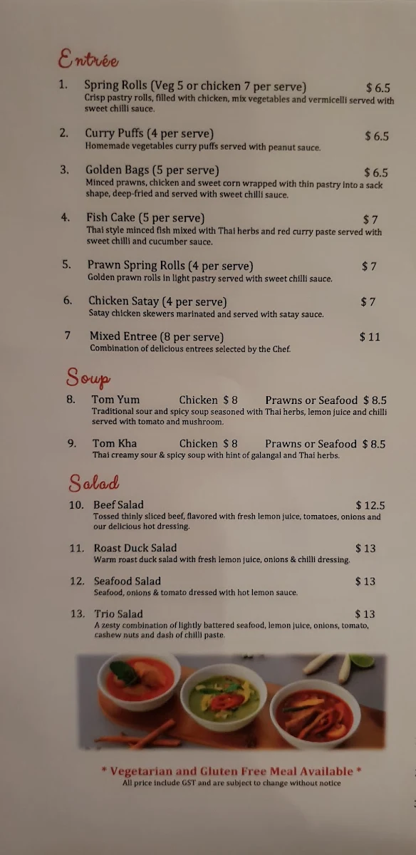 Menu, Drouin Thai Restaurant