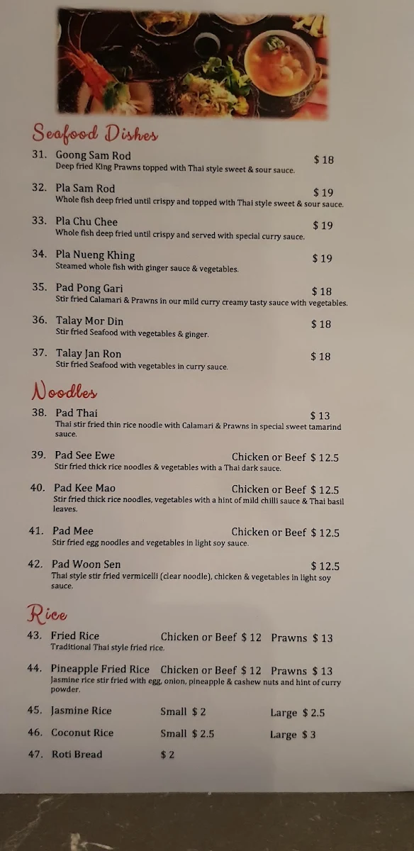 Menu, Drouin Thai Restaurant