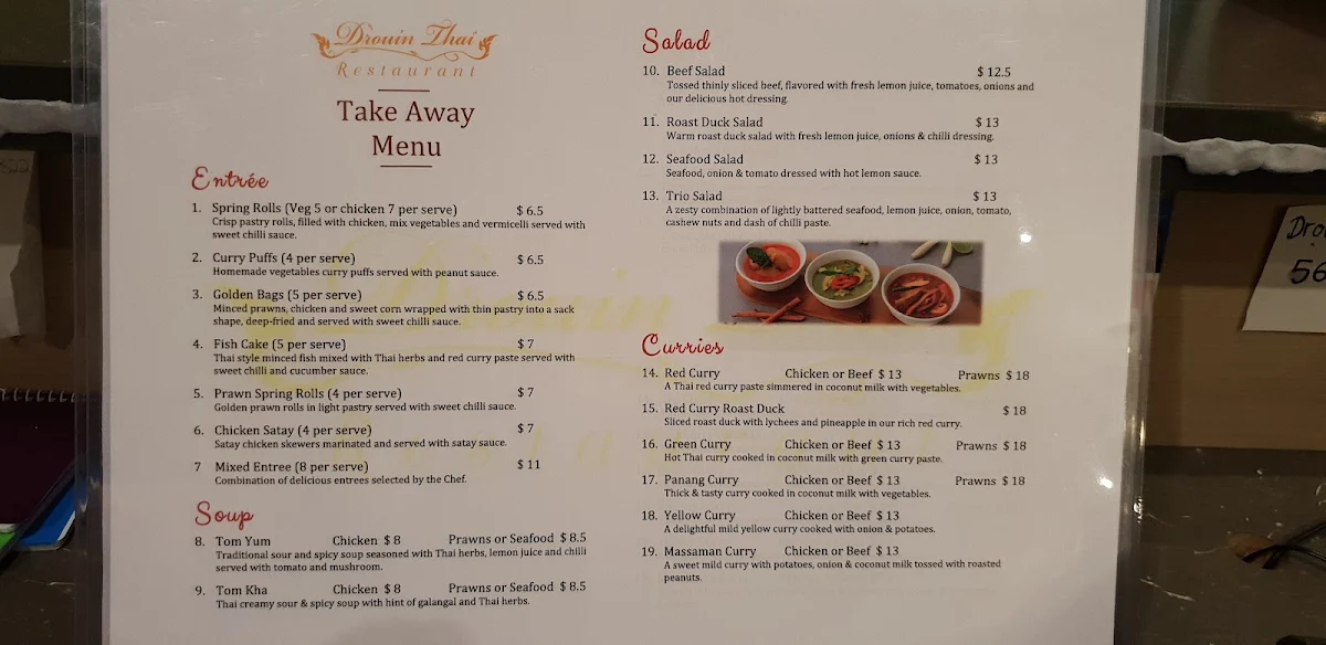 Menu, Drouin Thai Restaurant