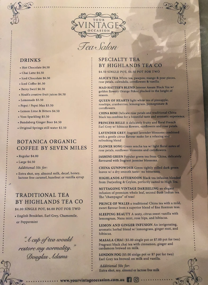 Menu, Your Vintage Occasion Tea Salon