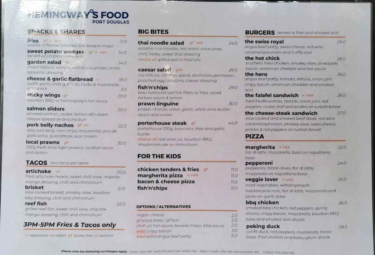 Menu, Hemingway's Brewery FNQ