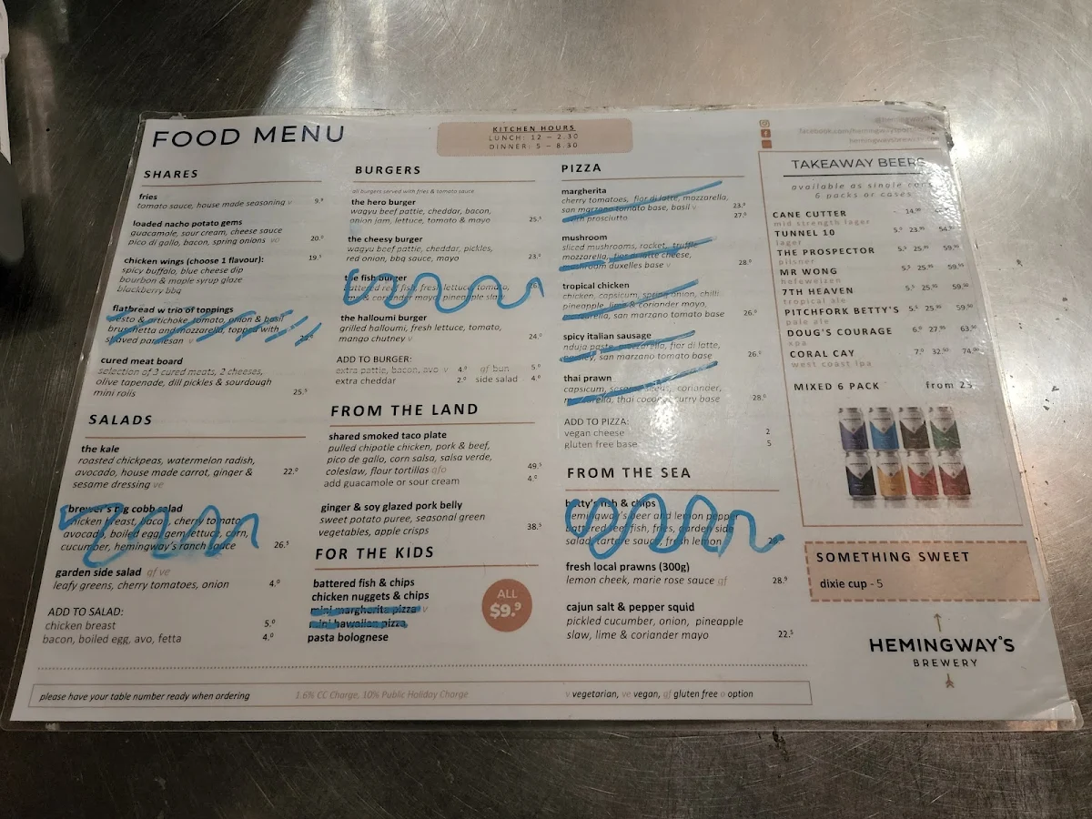 Menu, Hemingway's Brewery FNQ