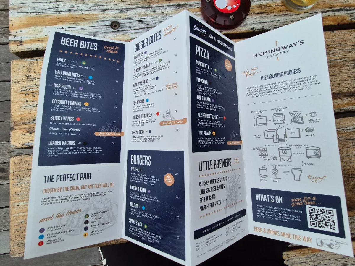 Menu, Hemingway's Brewery FNQ
