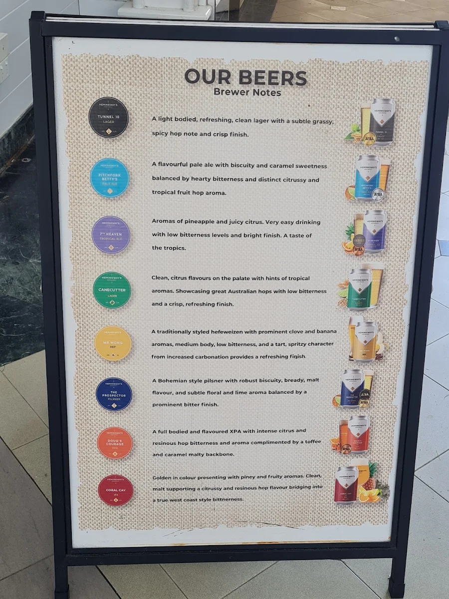 Menu, Hemingway's Brewery FNQ
