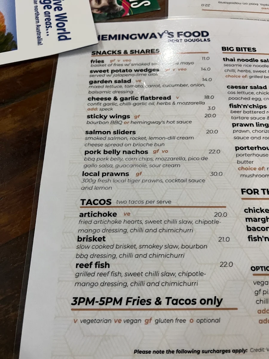 Menu, Hemingway's Brewery FNQ