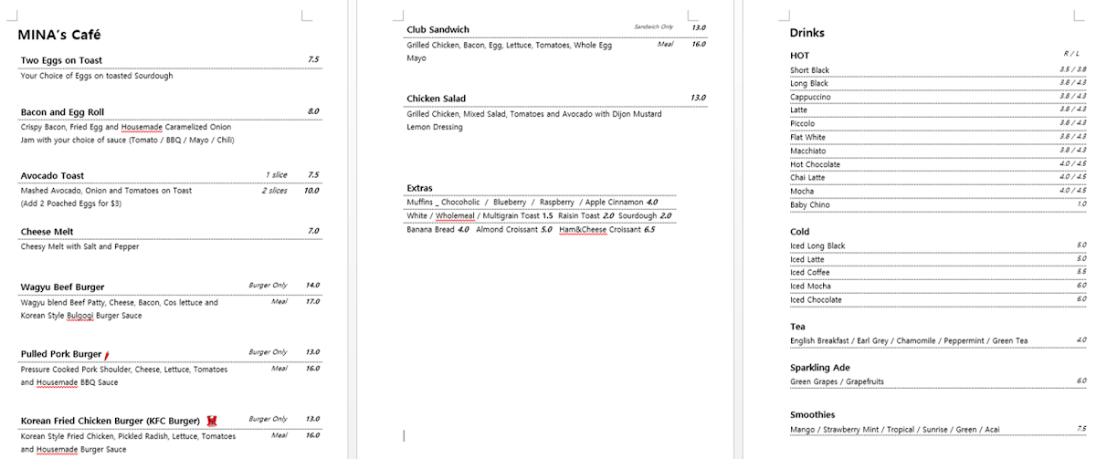 Menu, MINA'S CAFE