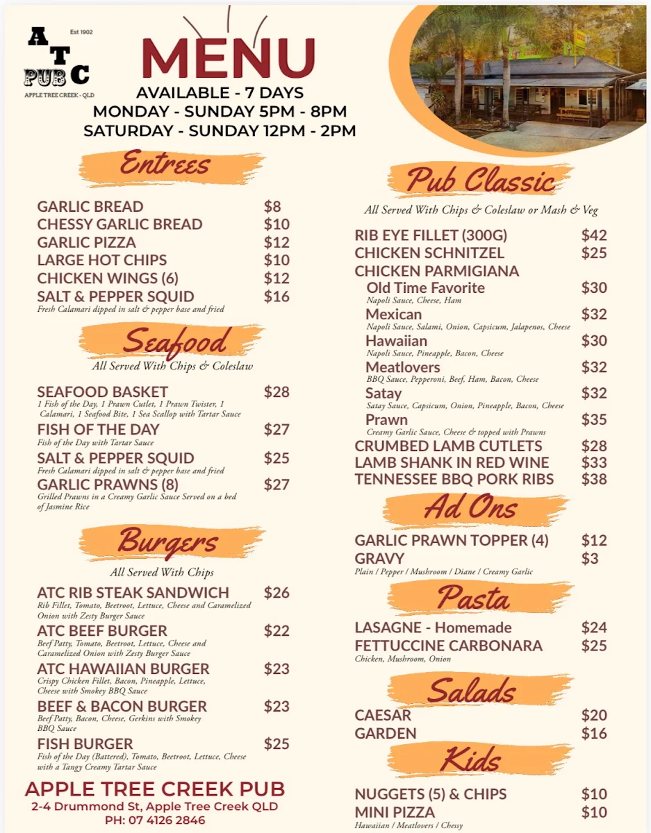 Menu, Apple Tree Creek Pub