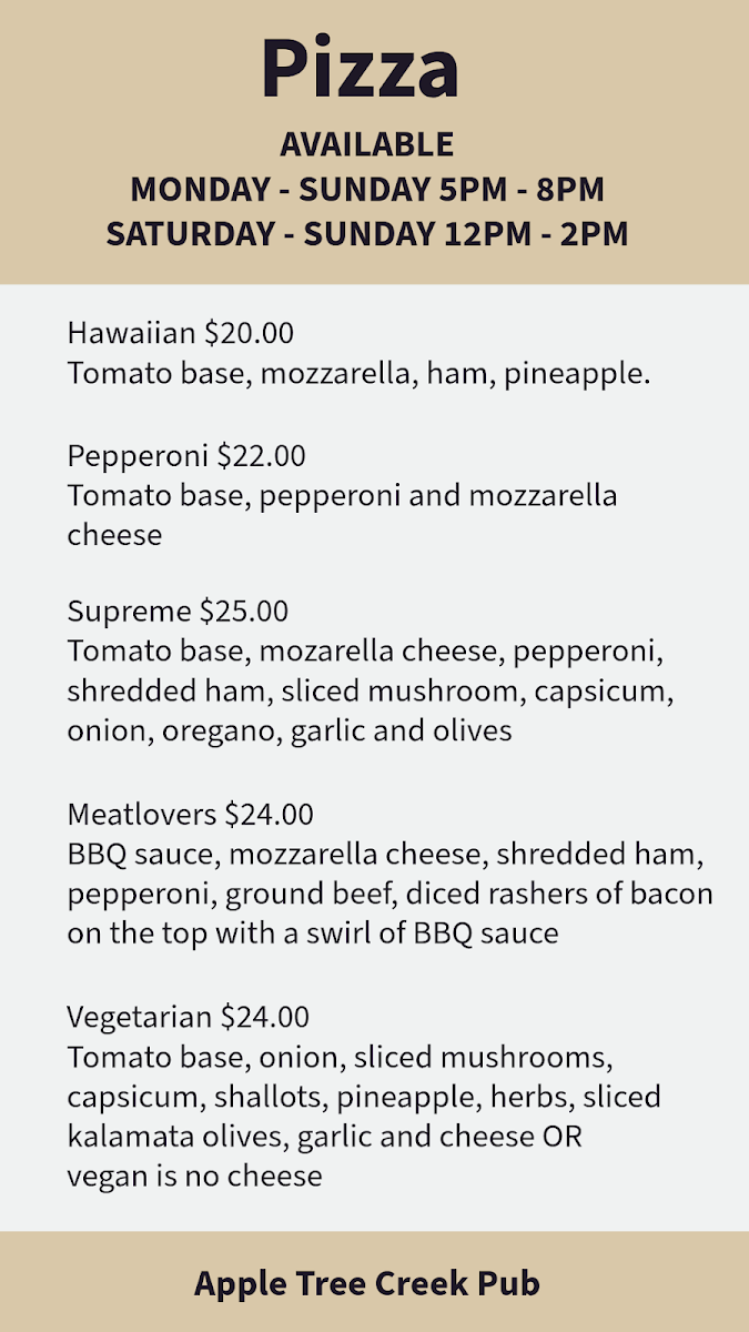 Menu, Apple Tree Creek Pub