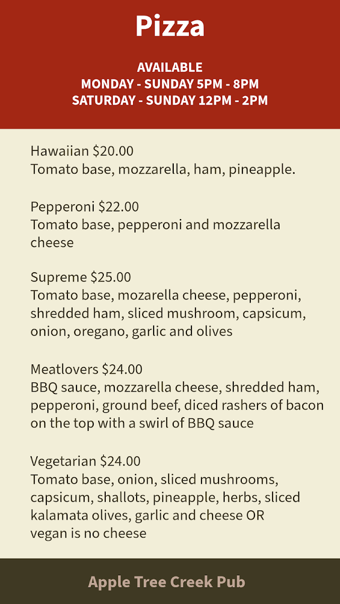 Menu, Apple Tree Creek Pub