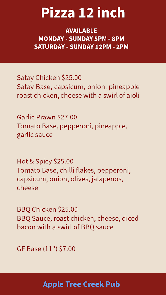 Menu, Apple Tree Creek Pub