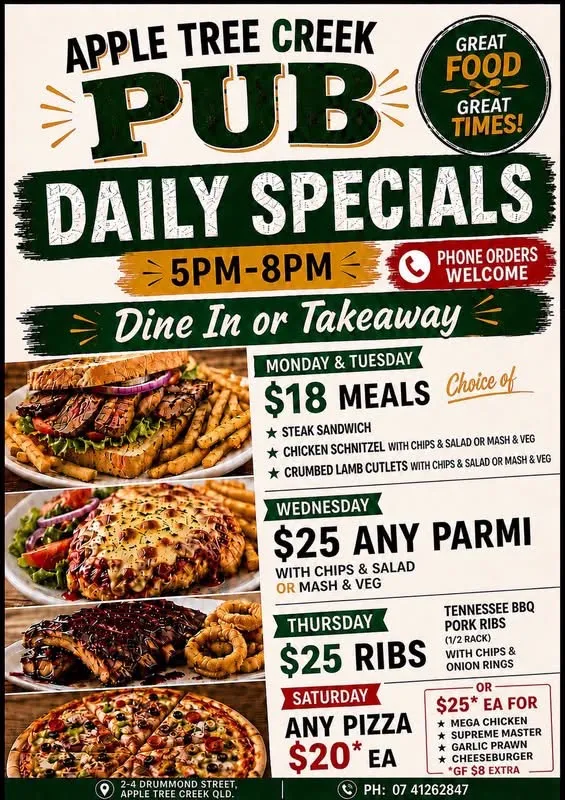 Menu, Apple Tree Creek Pub