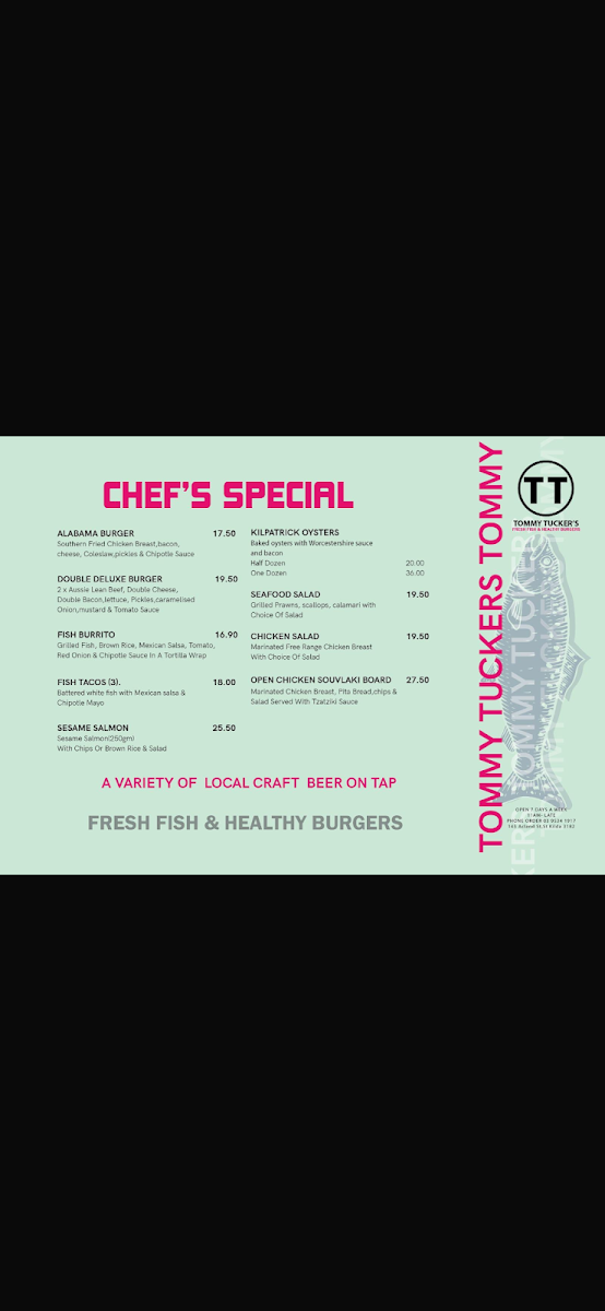 Menu, Tommy Tucker's
