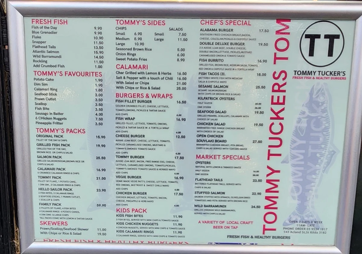 Menu, Tommy Tucker's