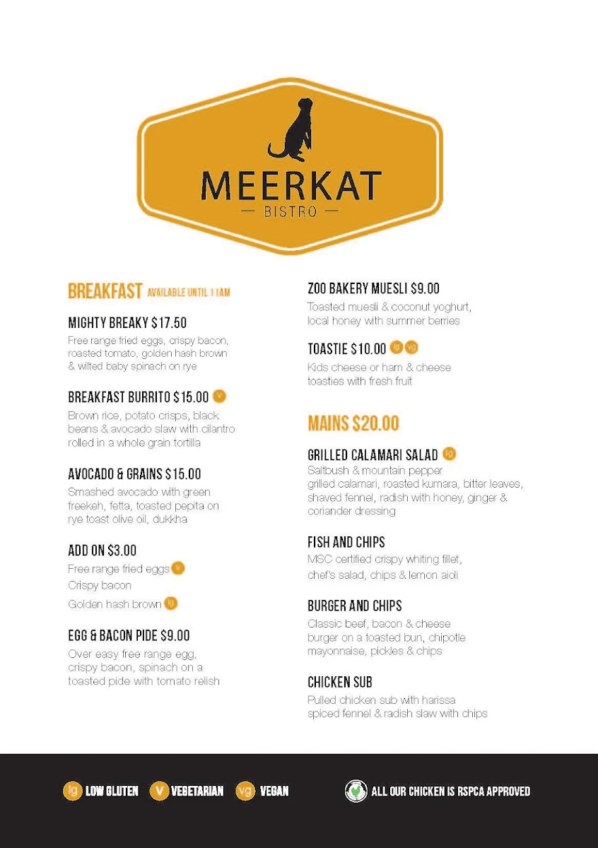 Menu, Meerkat Bistro