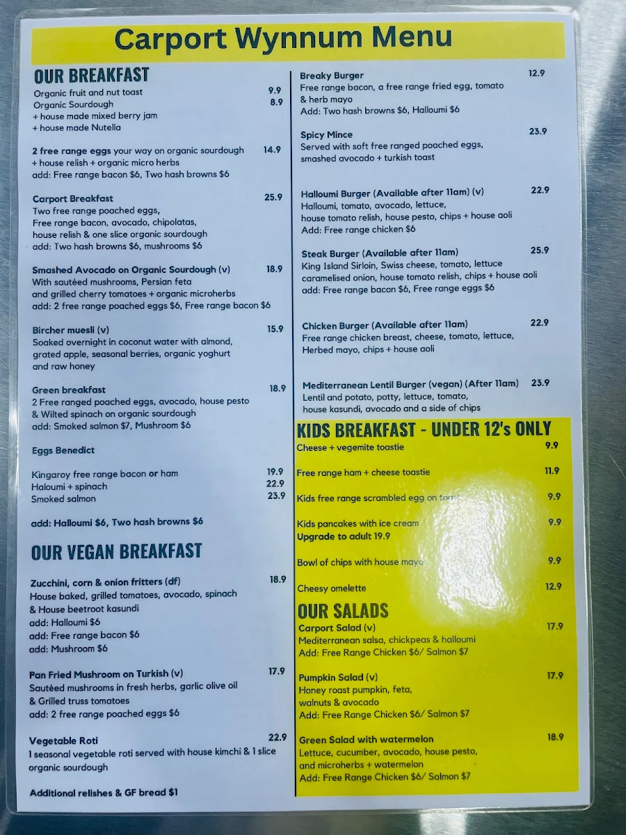 Menu, Carport Cafe