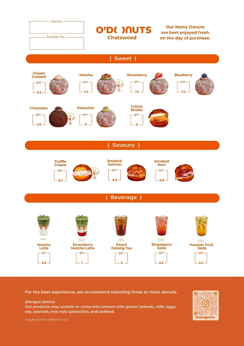 Menu, O’Donuts Chatswood