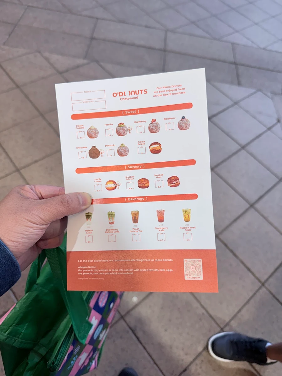 Menu, O’Donuts Chatswood