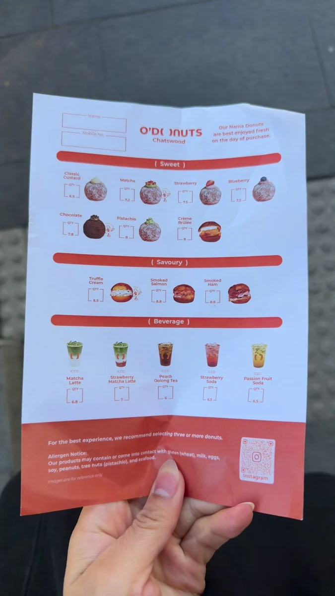 Menu, O’Donuts Chatswood