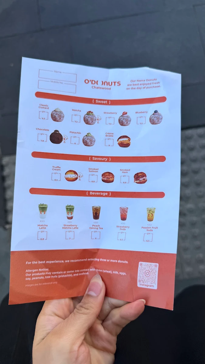 Menu, O’Donuts Chatswood