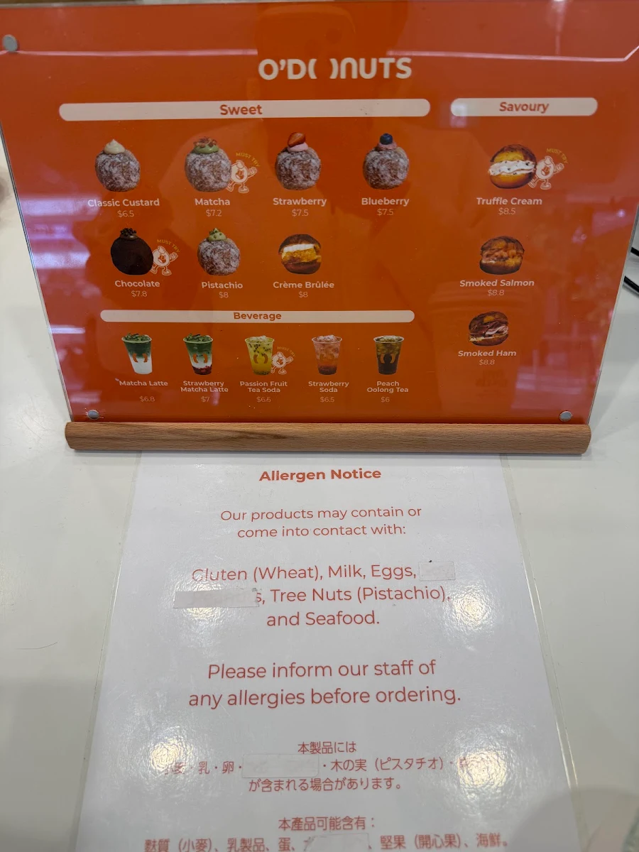 Menu, O’Donuts Chatswood