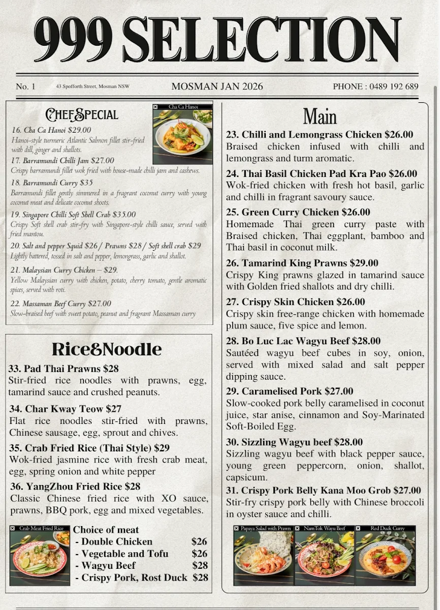 Menu, 999 Asian Kitchen