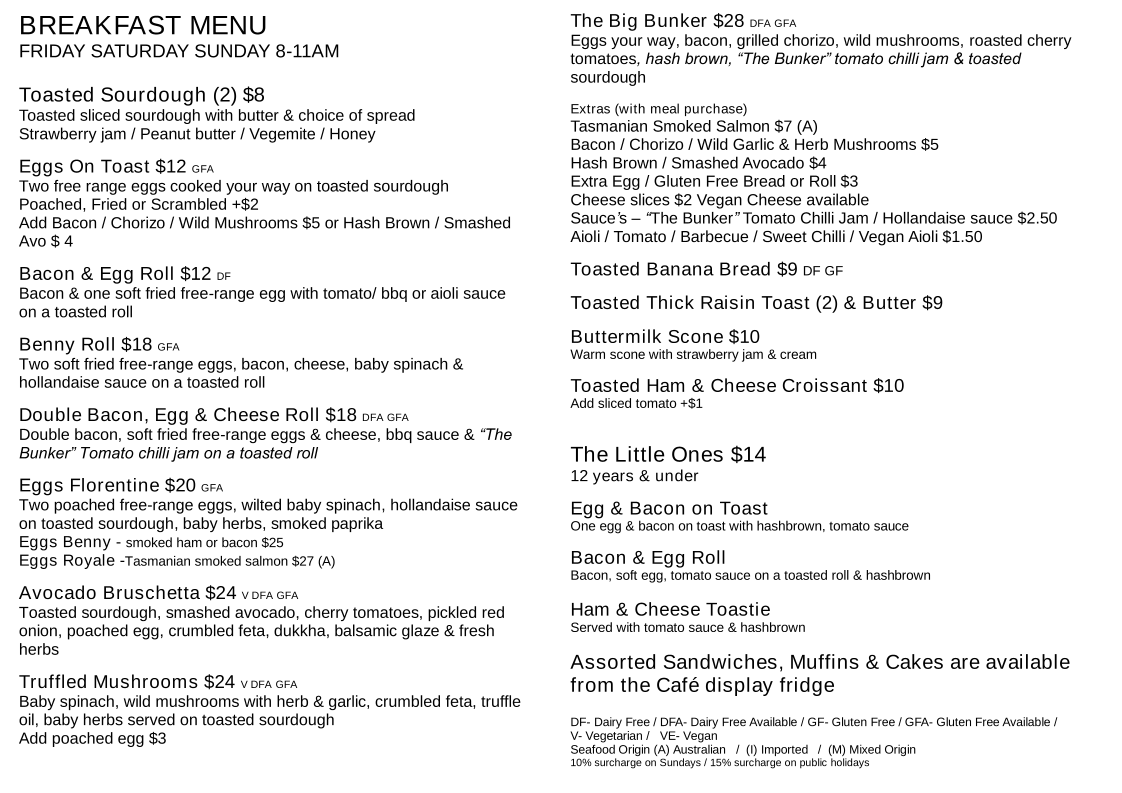 Menu, Bunker Bar