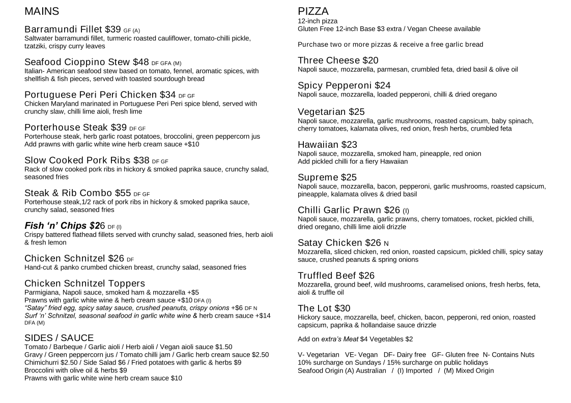 Menu, Bunker Bar